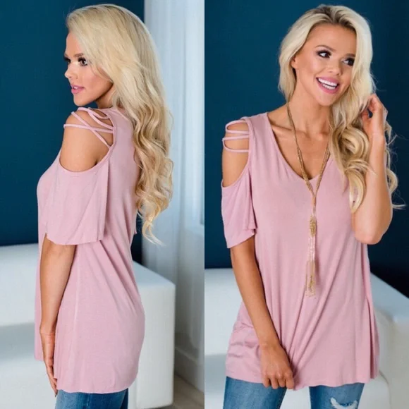Strappy Cold Shoulder Short Sleeve Blush Pink Top - Picture 1 of 5